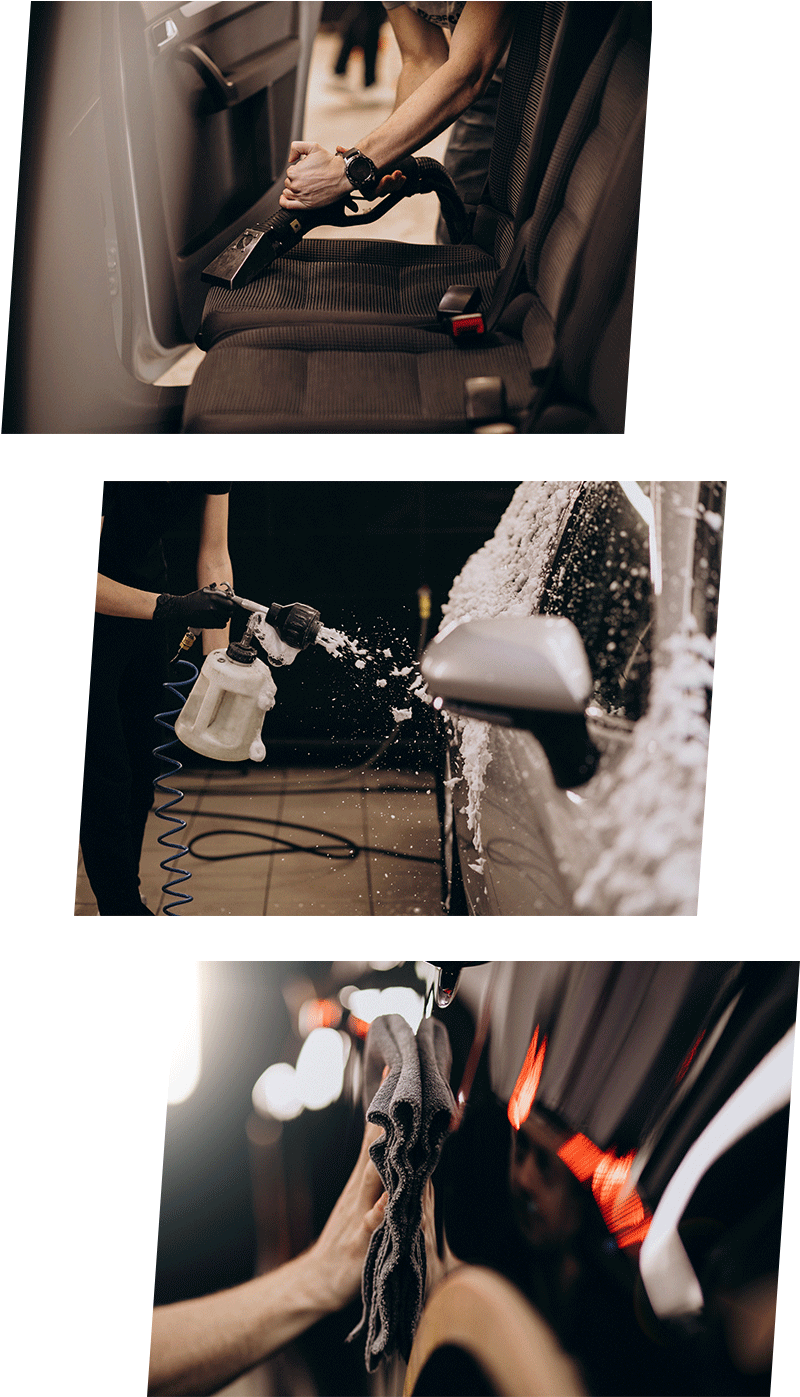 Tips for spring cleaning your car at Bobby Rahal Toyota in Mechanicsburg, PA | 3 Photos Stacked on Top of Each Other; Photo 1- Close Up of Person Vacuuming out Vehicle Back Seats; Photo 2- Close Up of Person Spraying Soap onto Vehicle Exterior; Photo 3- Close Up of Hand Wiping Exterior of Vehicle with Rag
