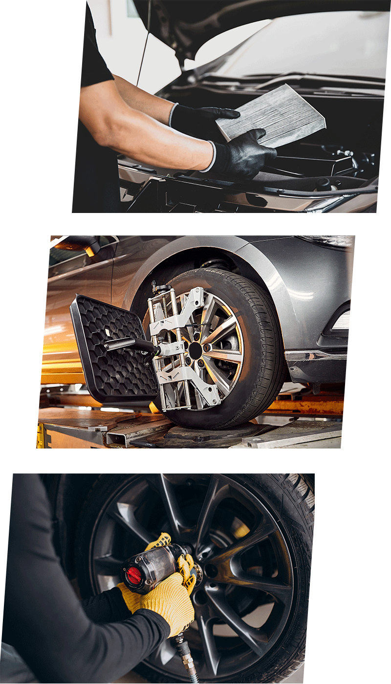 Tips for spring cleaning your car at Bobby Rahal Toyota in Mechanicsburg, PA | 3 Photos Stacked On Top of Each other; Photo 1- Close Up of Mechanic Holding Air Filter in Front of Open Car Hood; Photo 2- Close Up of Wheel Alignment Being Performed on Car; Photo 3- Close Up of Mechanic Removing Tire of Vehicle