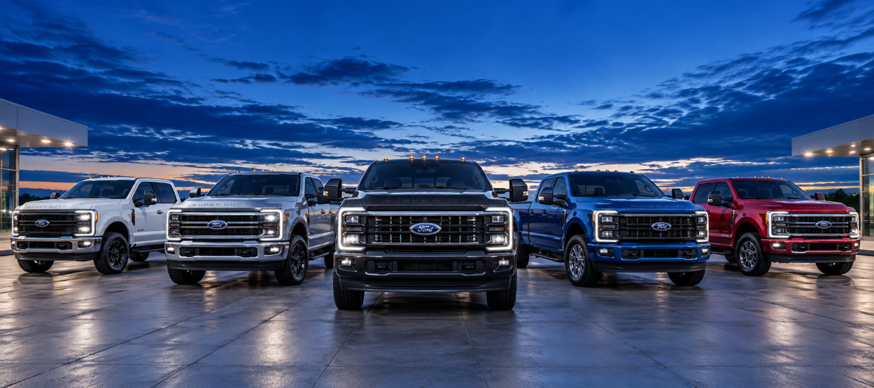 Row of Ford Super Duty F-250 and F-350 trucks displayed at a Ford dealership
