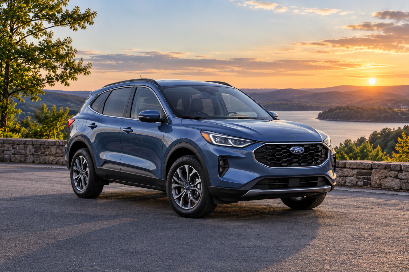 Blue Ford Escape SUV parked at a scenic overlook with a lake and sunset in the background.