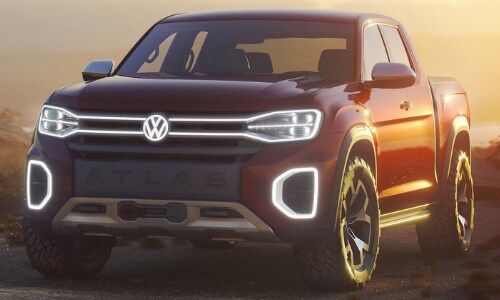 New VW Atlas Tanoak truck concept hazy sunset picture LED headlights shining