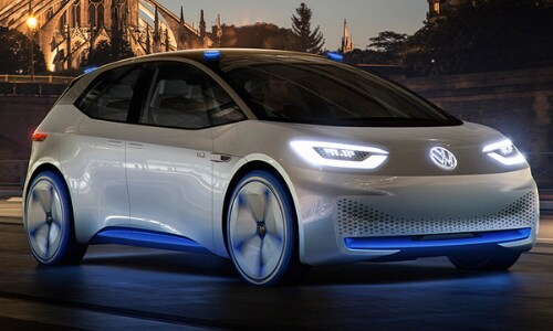 New VW ID. Electric car concept sunset sleek futuristic headlights