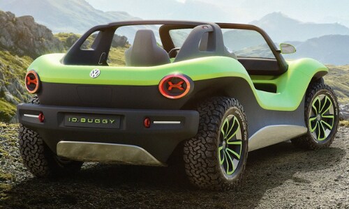 New VW ID. BUGGY off-road electric vehicle concept parked on a rocky gravel cliff mountain range scene