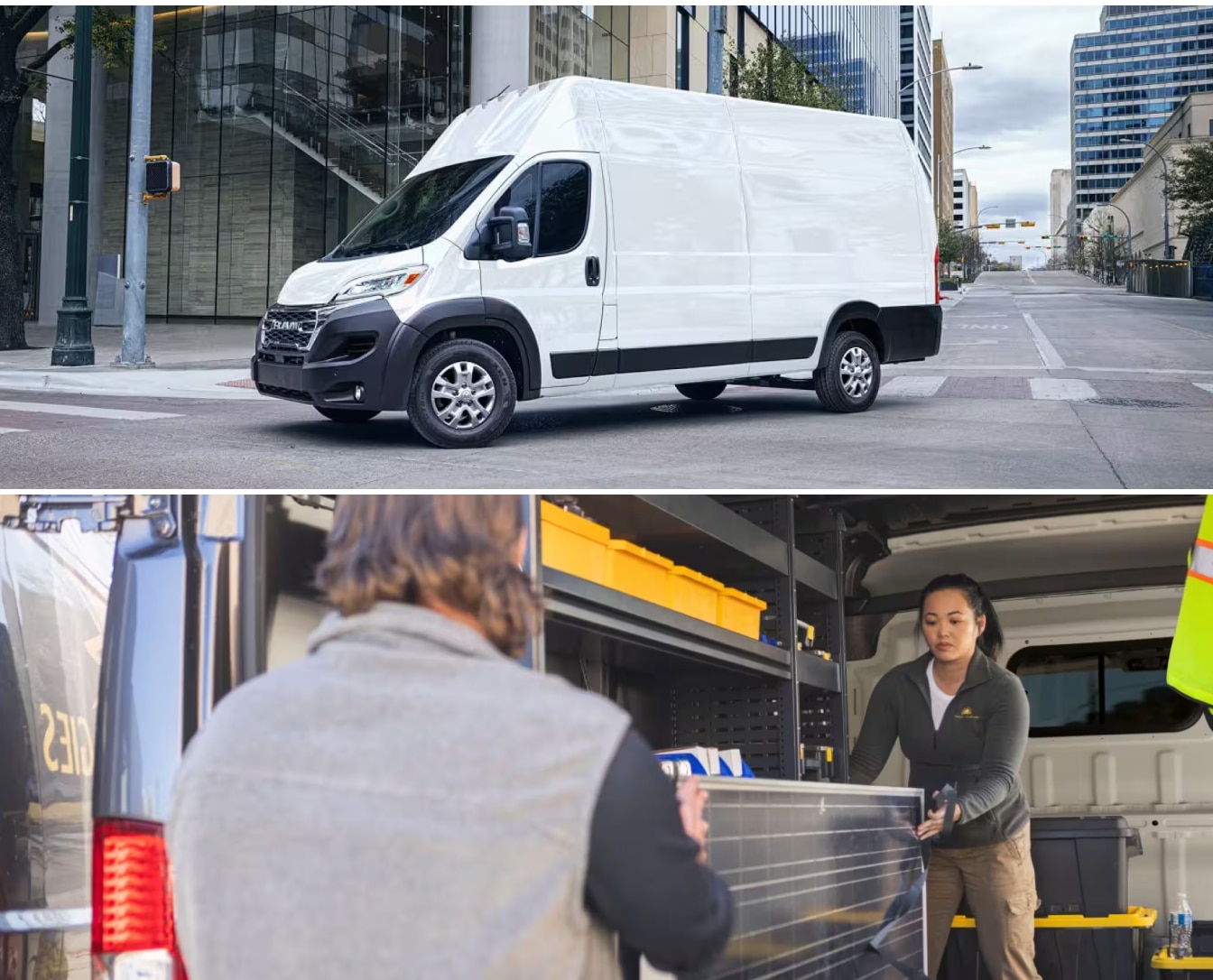 A white Ram Promaster 3500 turns a corner on a city street. Two people load equipment into a Ram Promaster.