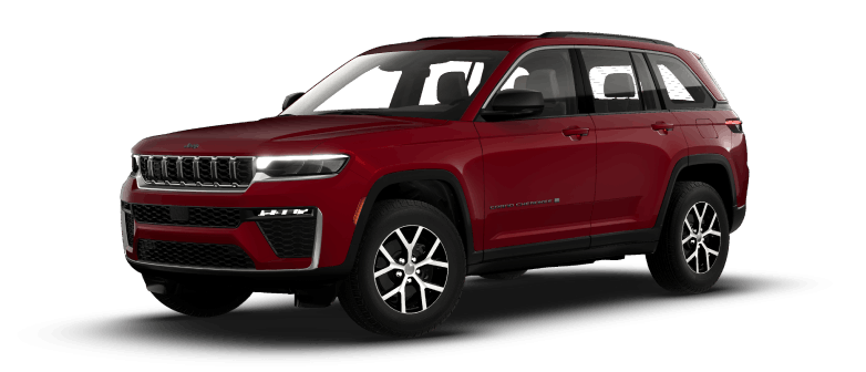 Red Jeep Grand Cherokee shown from a front three-quarter angle.