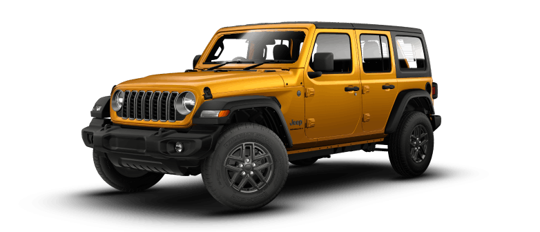 Yellow Jeep Wrangler shown from a front three-quarter angle.