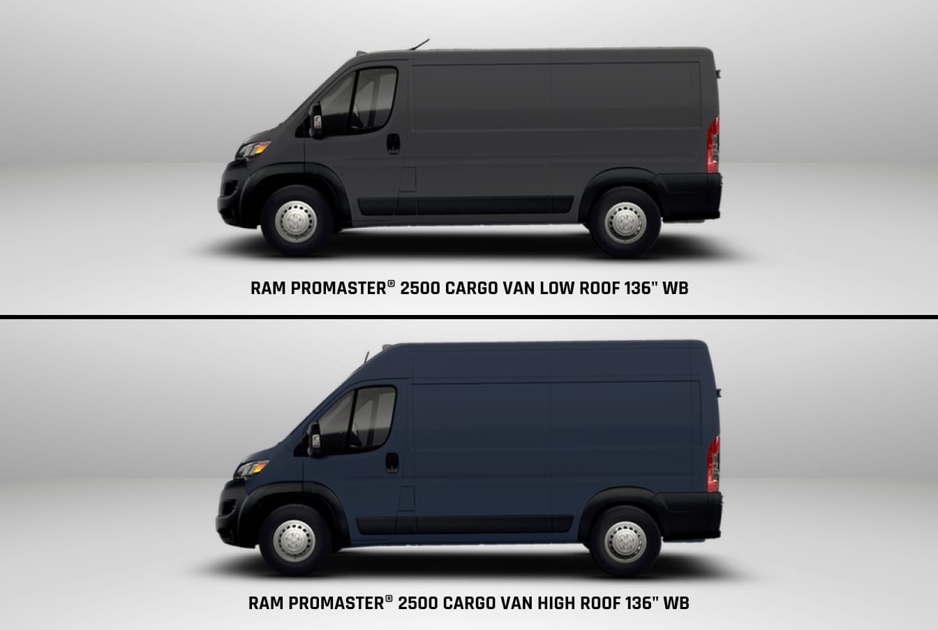 Side-by-side comparison of two 2026 Ram ProMaster 2500 Cargo Vans in a neutral setting.
