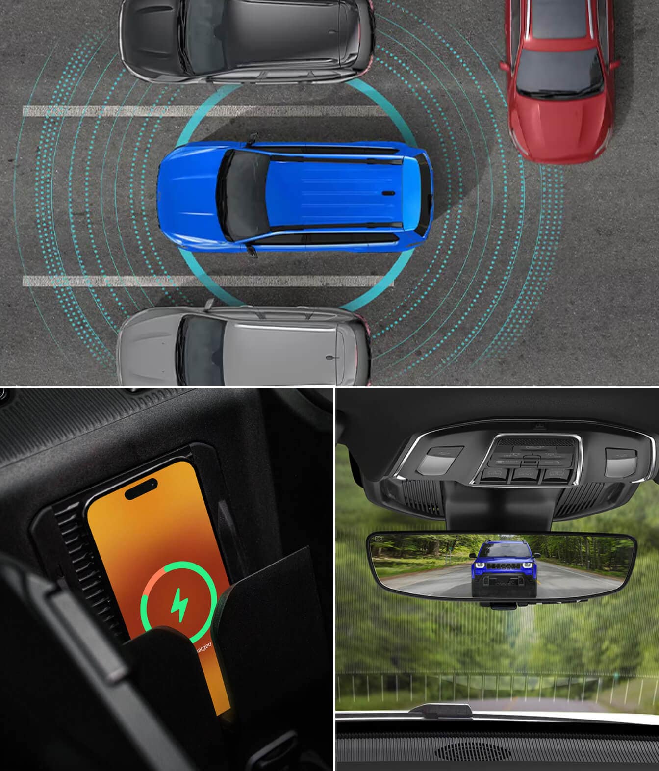 Jeep Cherokee parking safety example, phone charging pad, and clear rearview mirror