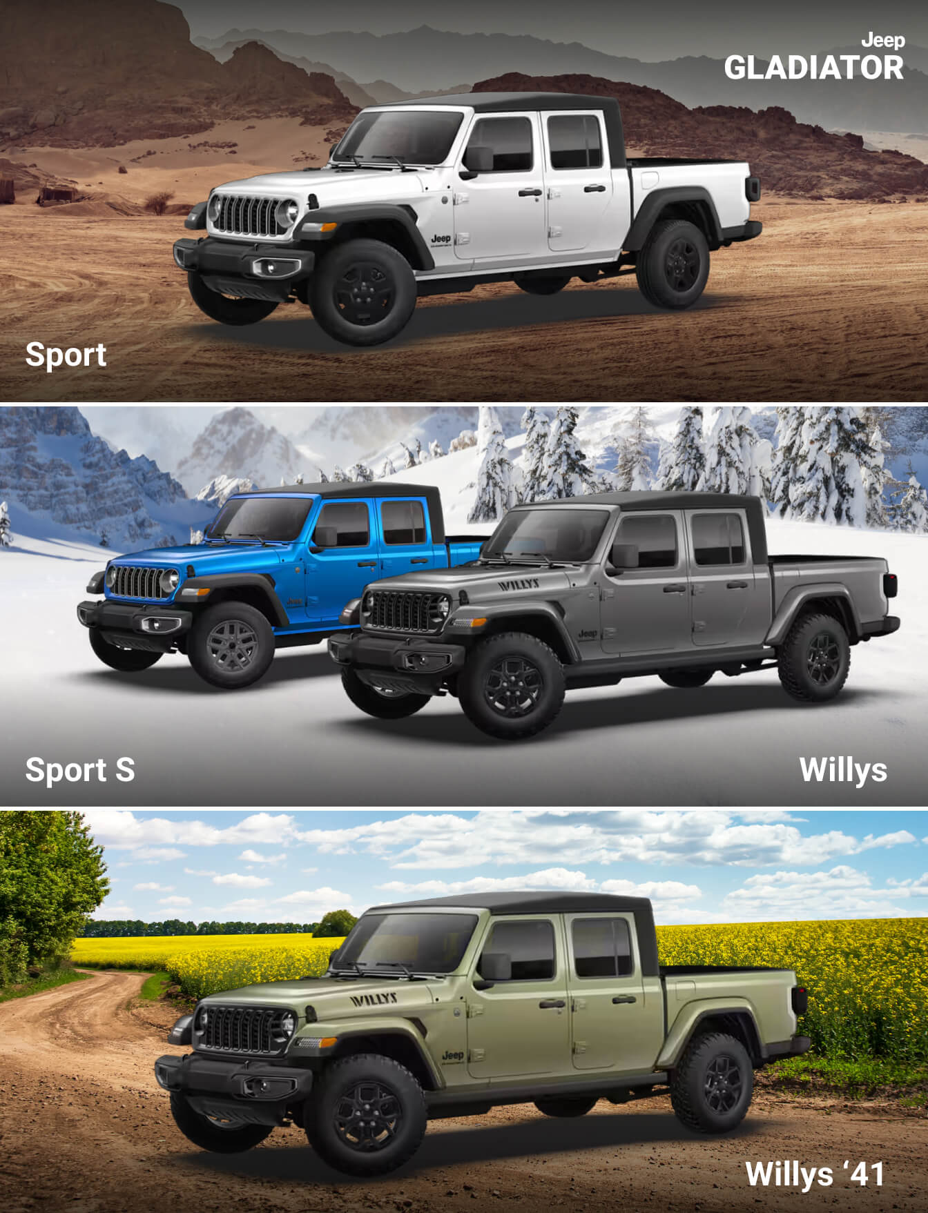 Jeep Gladiator Sport, Nighthawk, Sport S and Willys