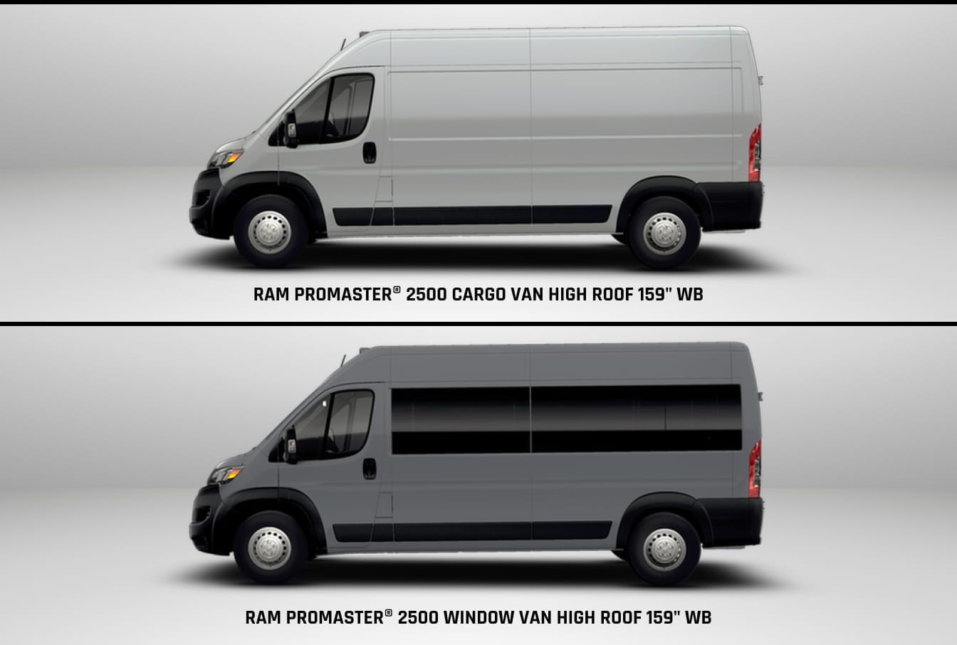 Side-by-side comparison of two 2026 Ram ProMaster 2500 Cargo Vans in a neutral setting.