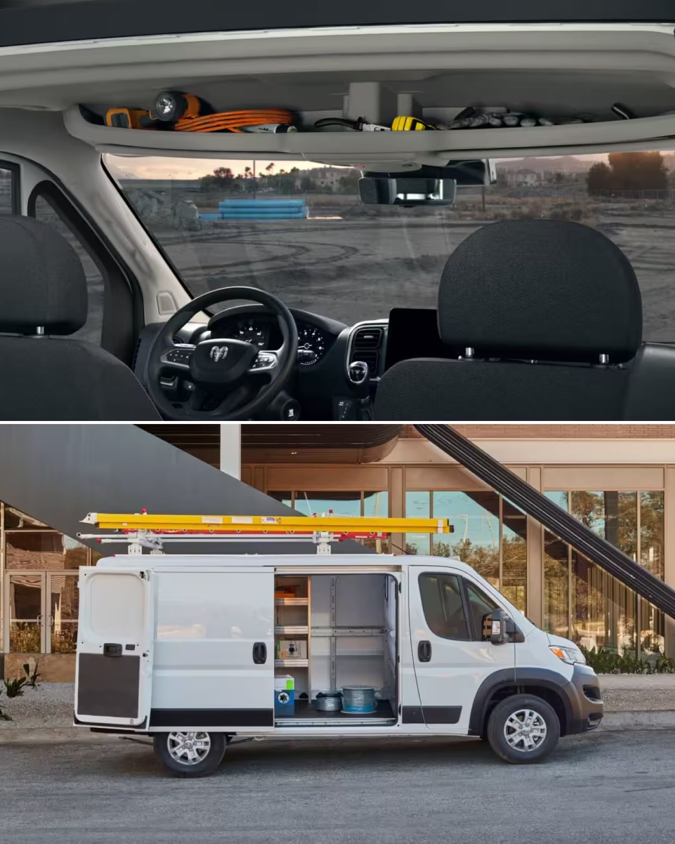Ram ProMaster overhead compartment, ladder rack, and cargo area shelf