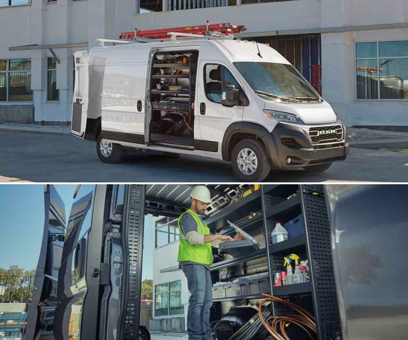 A white Ram Promaster parked with equipment strapped to its roof rack. A man opens a box inside of a Ram Promaster.