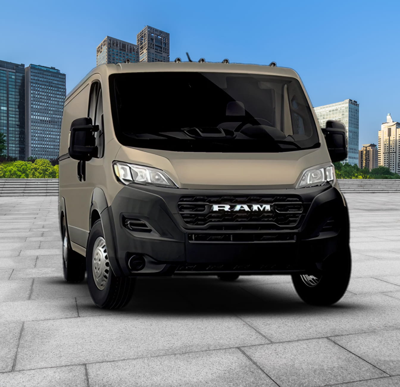 2026 RAM ProMaster 2500 van is parked on a concrete plaza with a backdrop of tall, modern city buildings under a clear, blue sky.