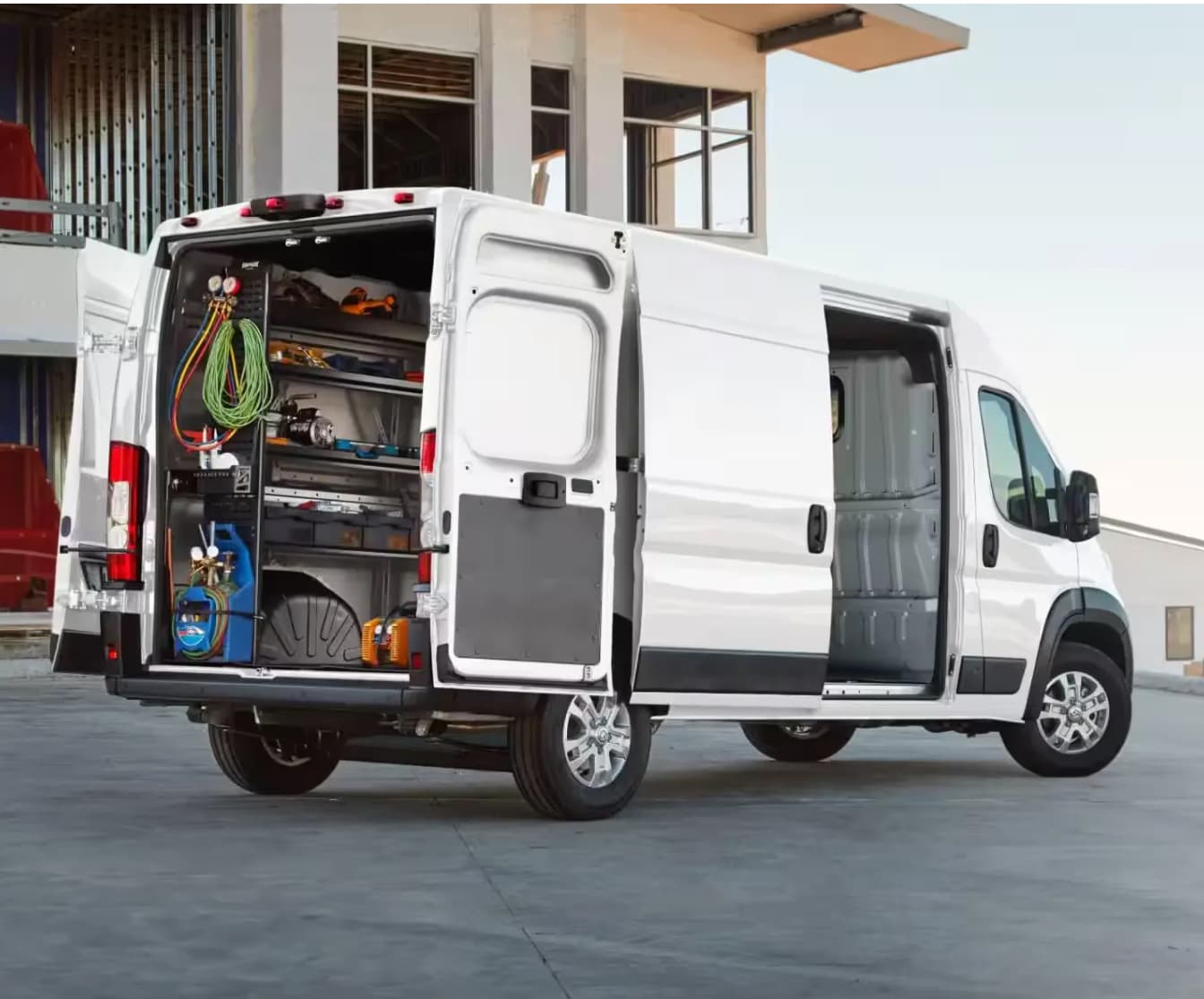 Ram Promaster shown as a work van, with all cargo doors open
