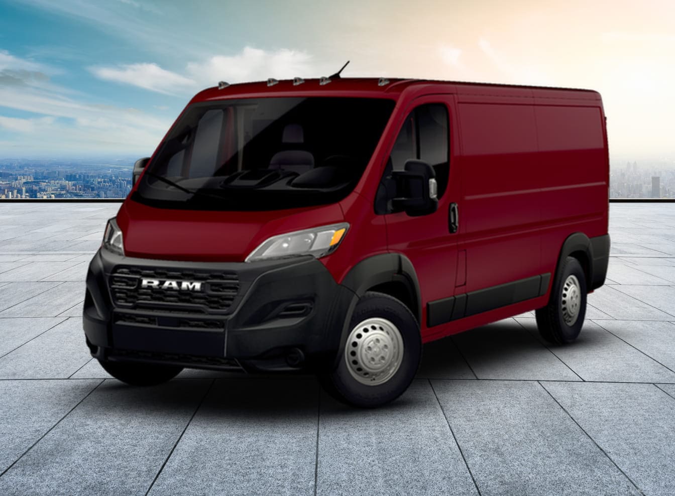 2026 RAM ProMaster 2500 is parked on a rooftop with a city skyline in the background.