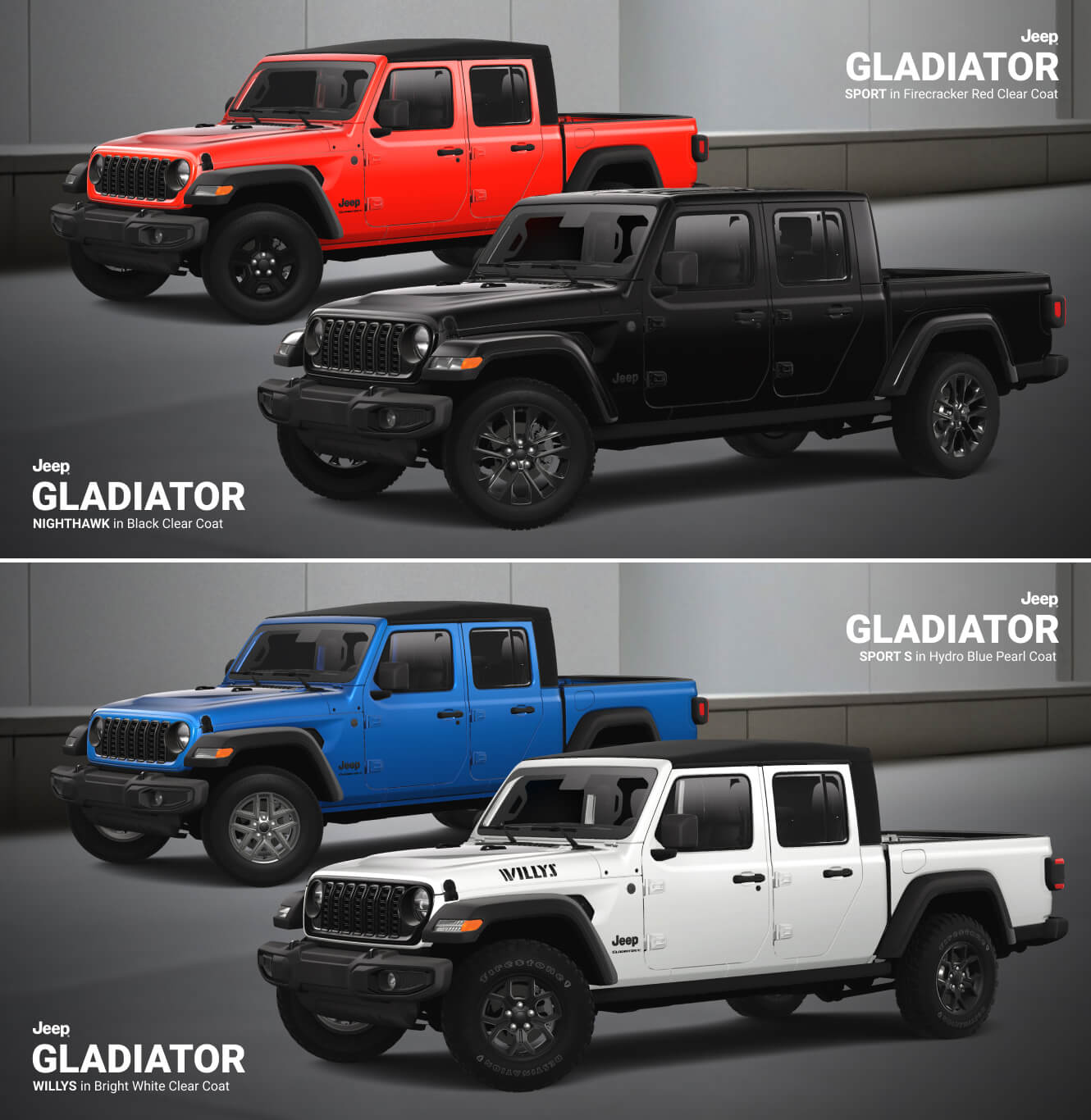 Jeep Gladiator Sport, Nighthawk, Sport S and Willys
