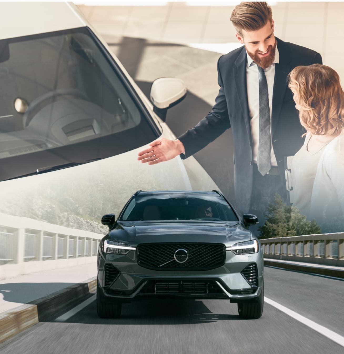 Front view of a gray Volvo SUV driving on a highway beneath an overlay of a dealership salesperson presenting a vehicle to a customer.