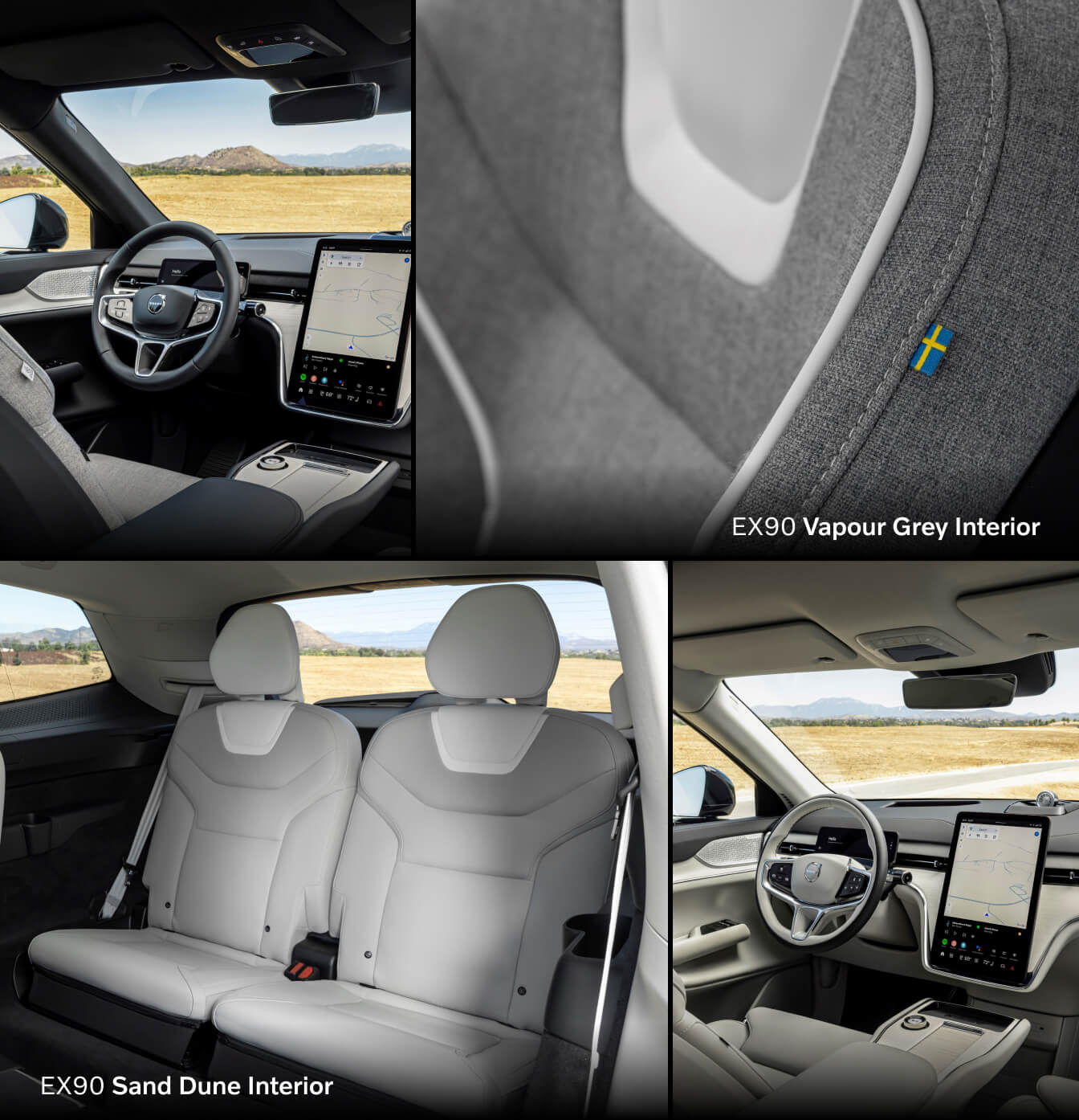Volvo EX90 electric SUV interior showing Vapour Grey and Sand Dune color options with minimalist dashboard, touchdcreen display, and premium seating