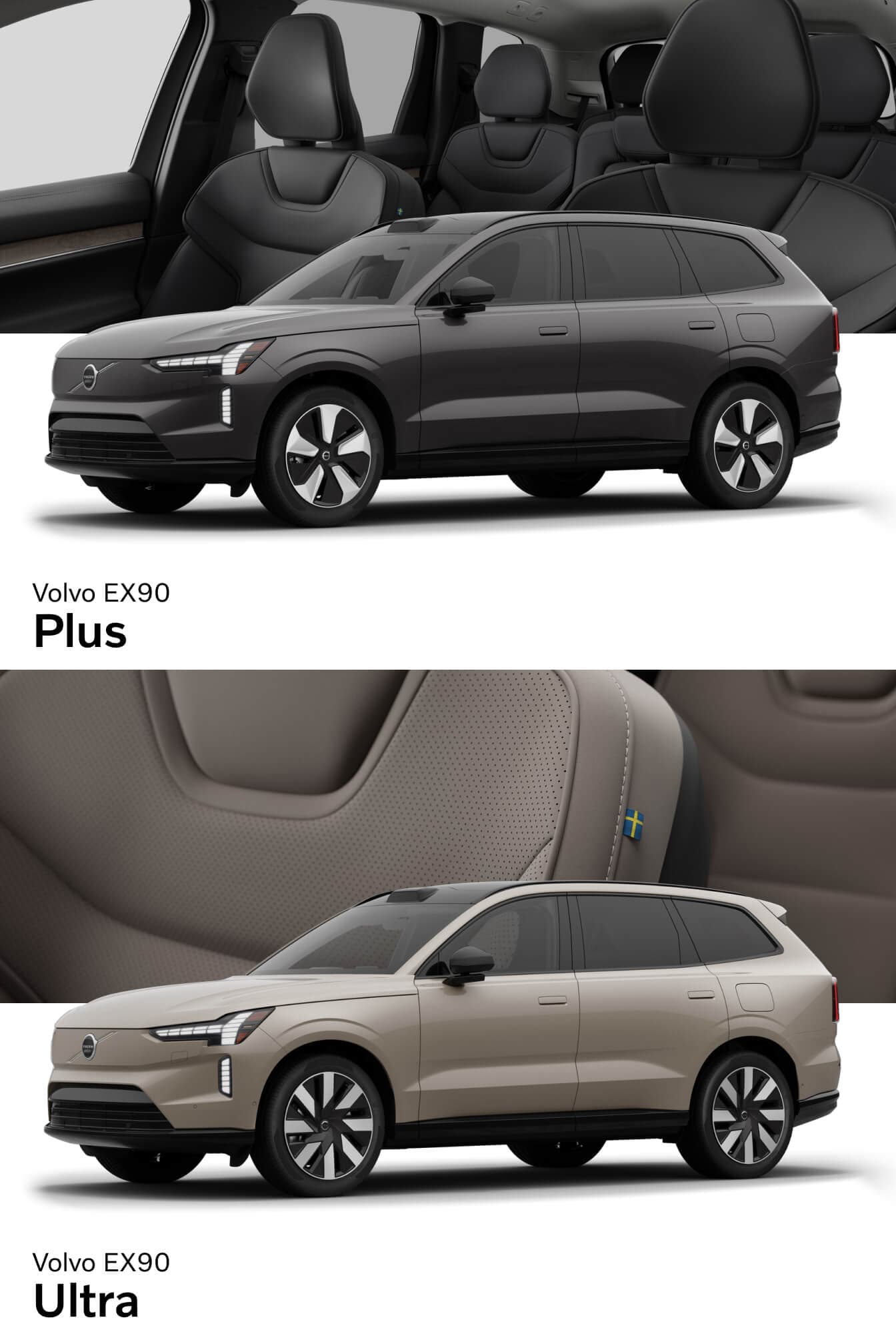 Volvo EX90 Plus and Ultra trim levels comparison showing electric SUV exterior profiles