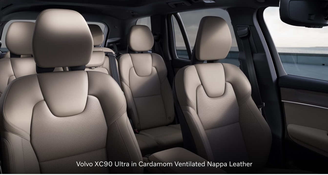 2026 Volvo XC90 Ultra in Cardamom Ventilated Nappa Leather interior.