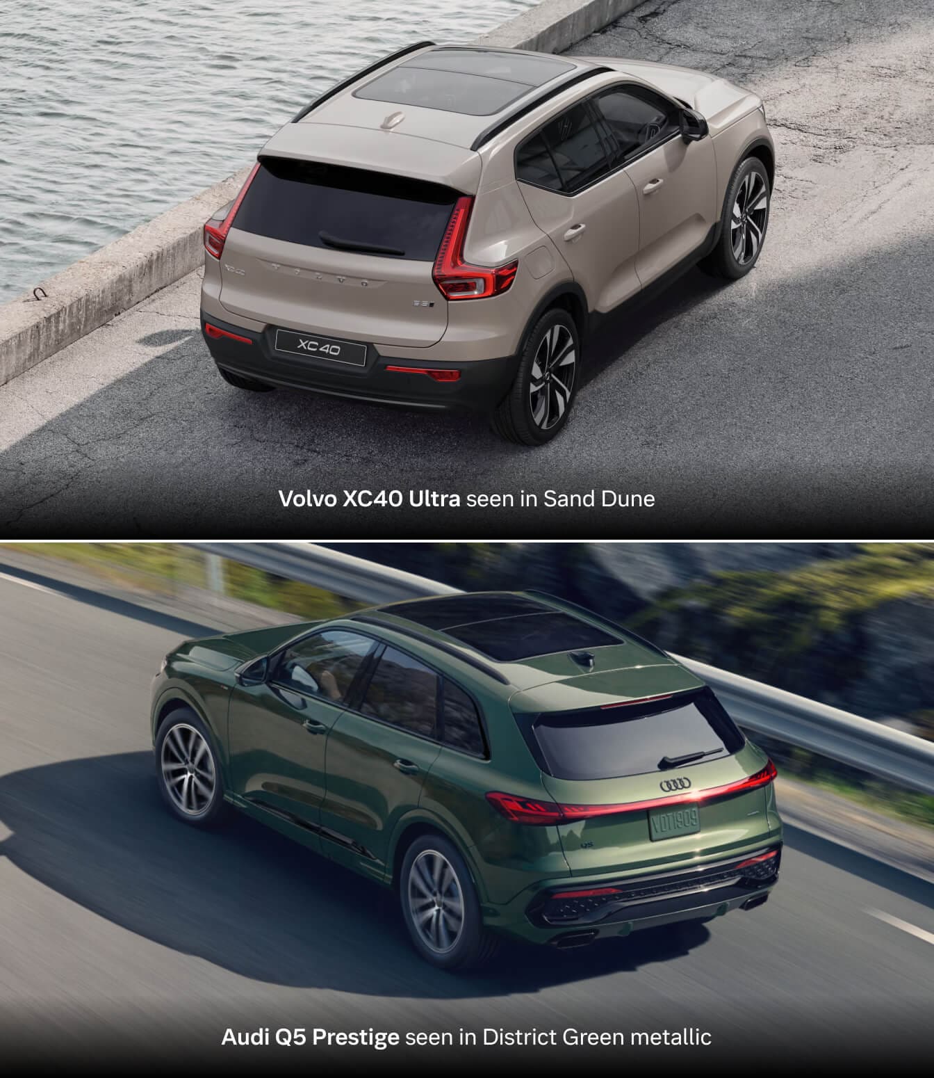 2026 Volvo XC40 Ultra in Sand Dune by the waterfront. Bottom: 2026 Audi Q5 Prestige in District Green Metallic driving.