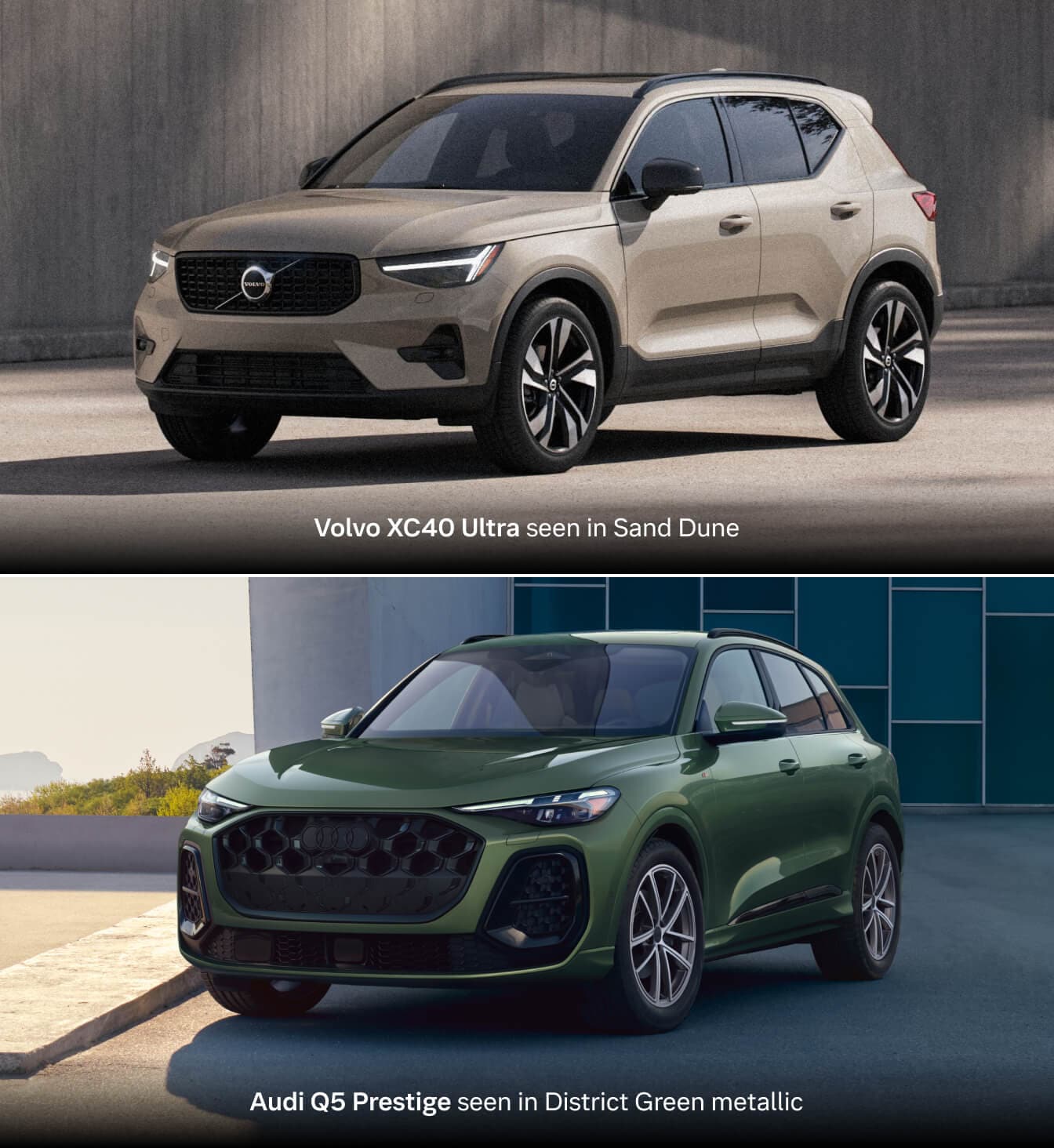 Top: 2026 Volvo XC40 Ultra in Sand Dune. Bottom: 2026 Audi Q5 Prestige in District Green Metallic, both parked.
