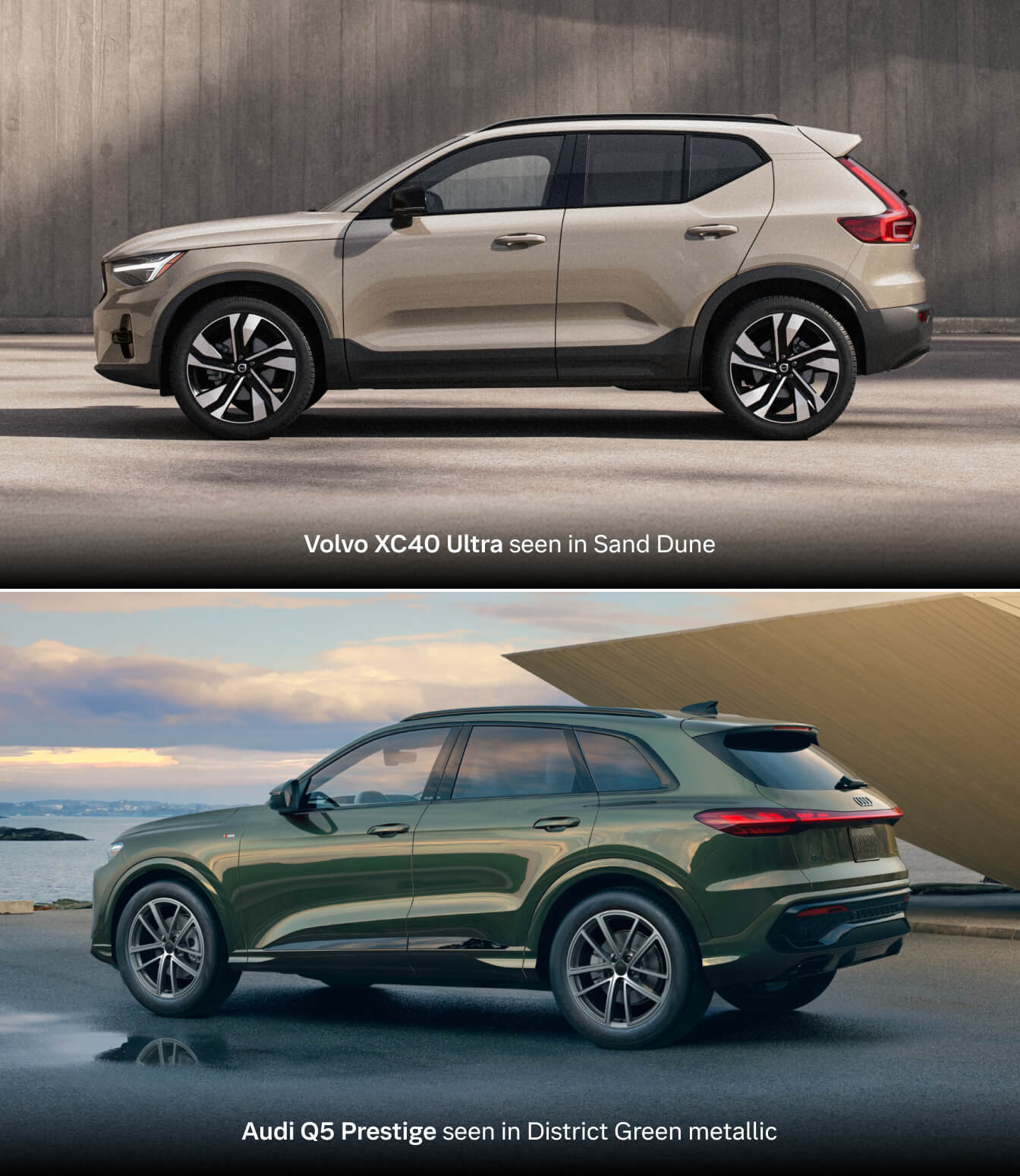 2026 Volvo XC40 Ultra in Sand Dune, side profile. Bottom: 2026 Audi Q5 Prestige in District Green Metallic by the water.