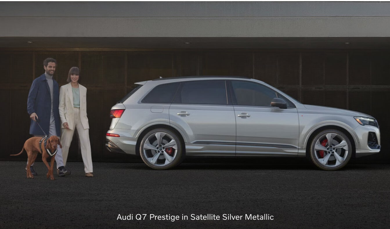 2026 Audi Q7 Prestige profile view parked as a couple walks a dog.