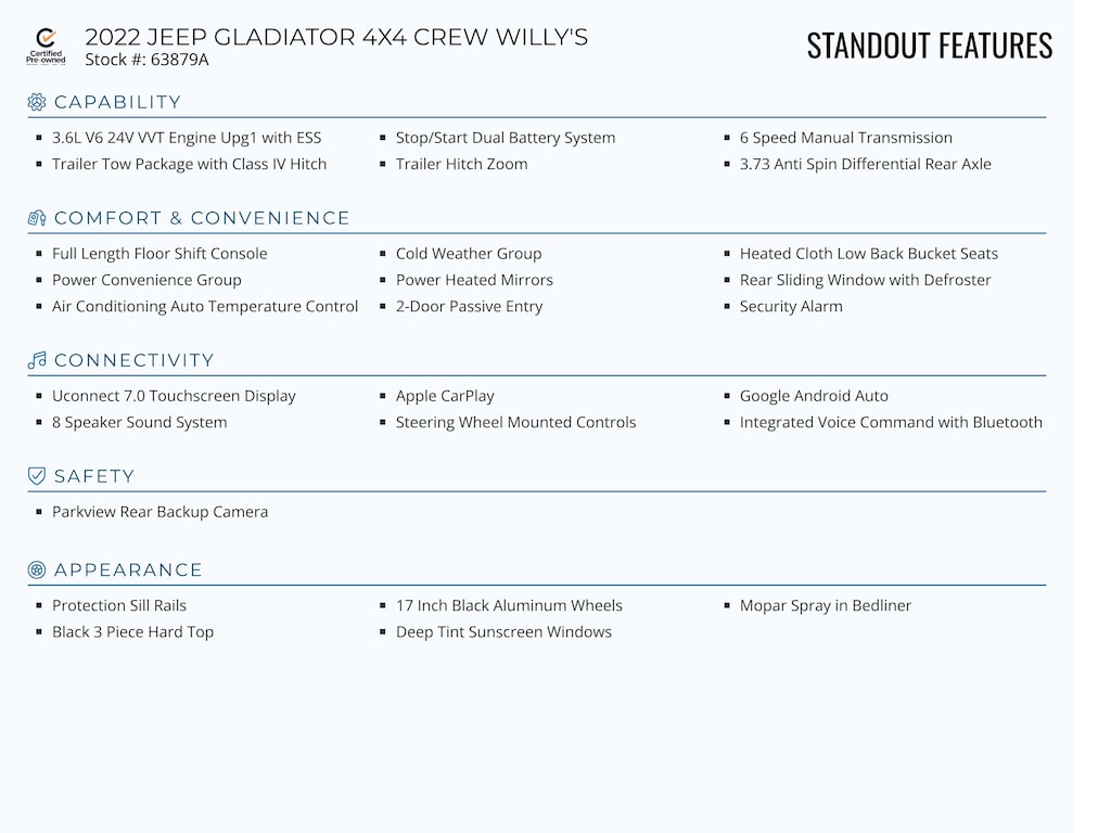 Certified 2022 Jeep Gladiator Willys Truck Crew Cab