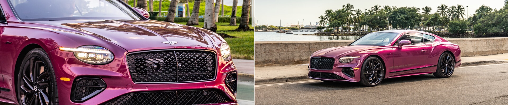 Split view of Bentley Continental Miami Magenta GT: front close-up left, side profile parked by the waterfront right.