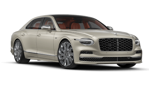 2026 Bentley Flying Spur Mulliner V8 Hybrid shown in Sienna in three quarter angle.