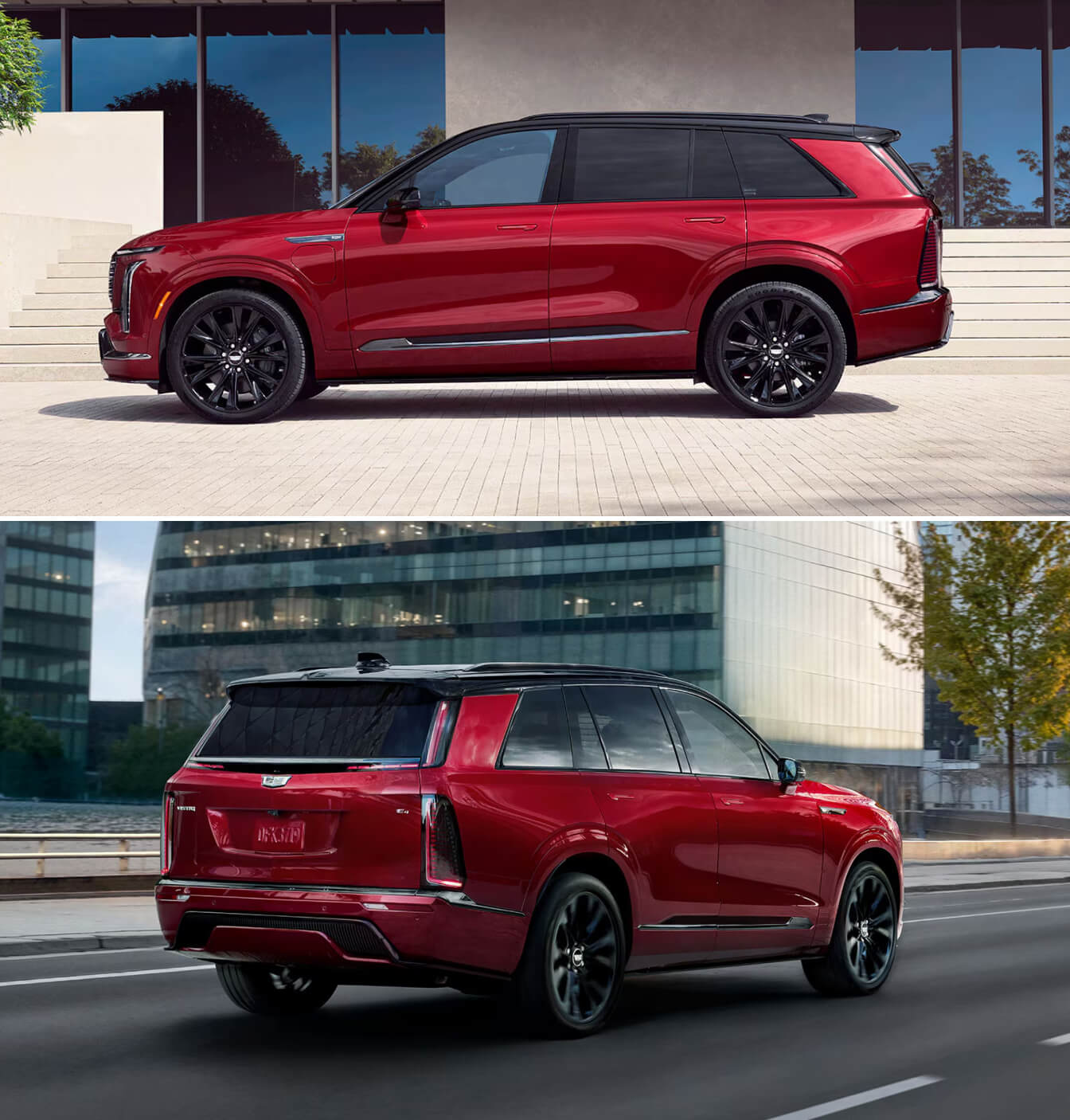 A side view of a red 2027 VISTIQ parked in a modern driveway. A rear three-quarter view of the same VISTIQ driving down a city street.