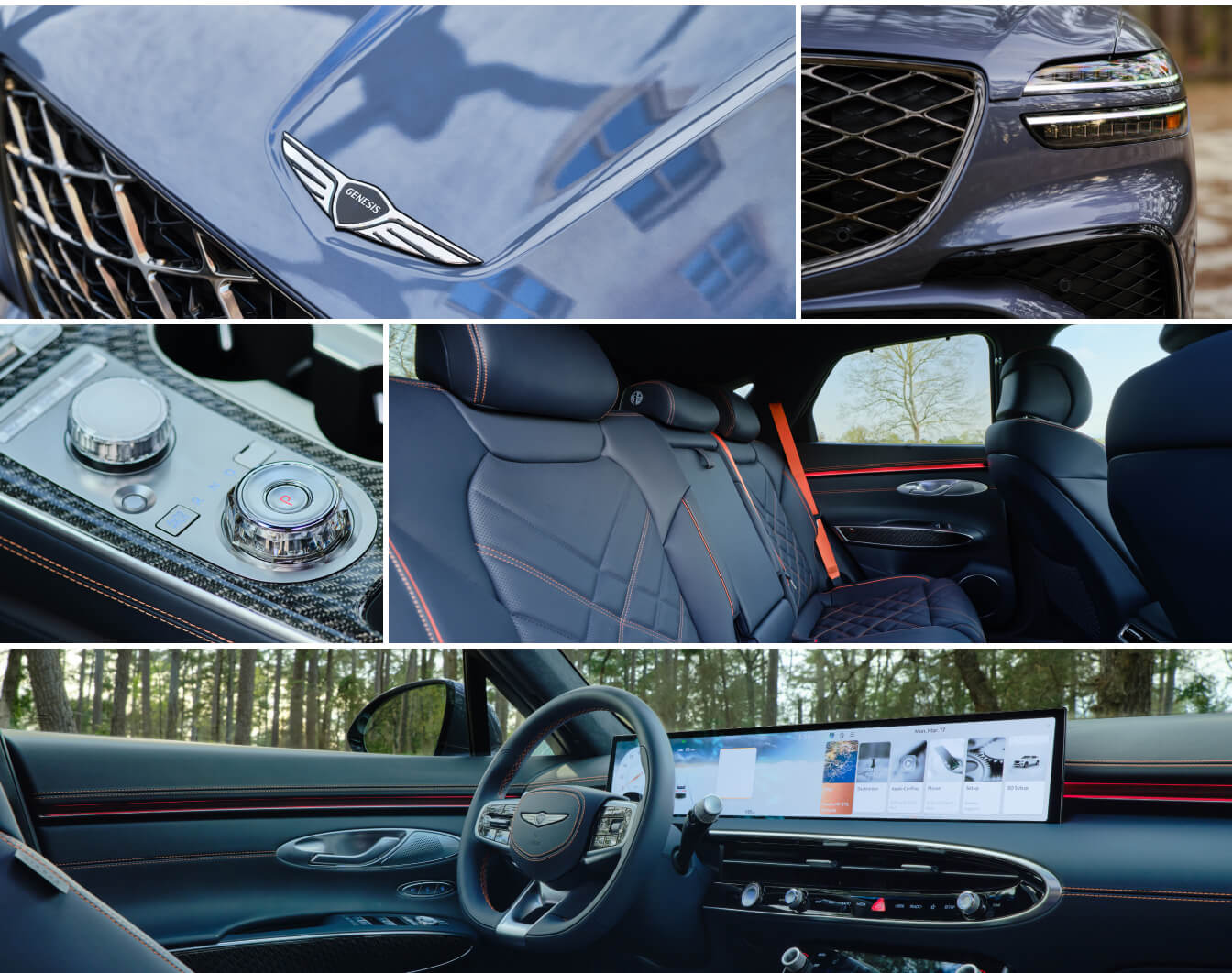 Grey 2026 Genesis GV70 with a city skyline backdrop, shown with close-ups of its dark blue and orange interior.