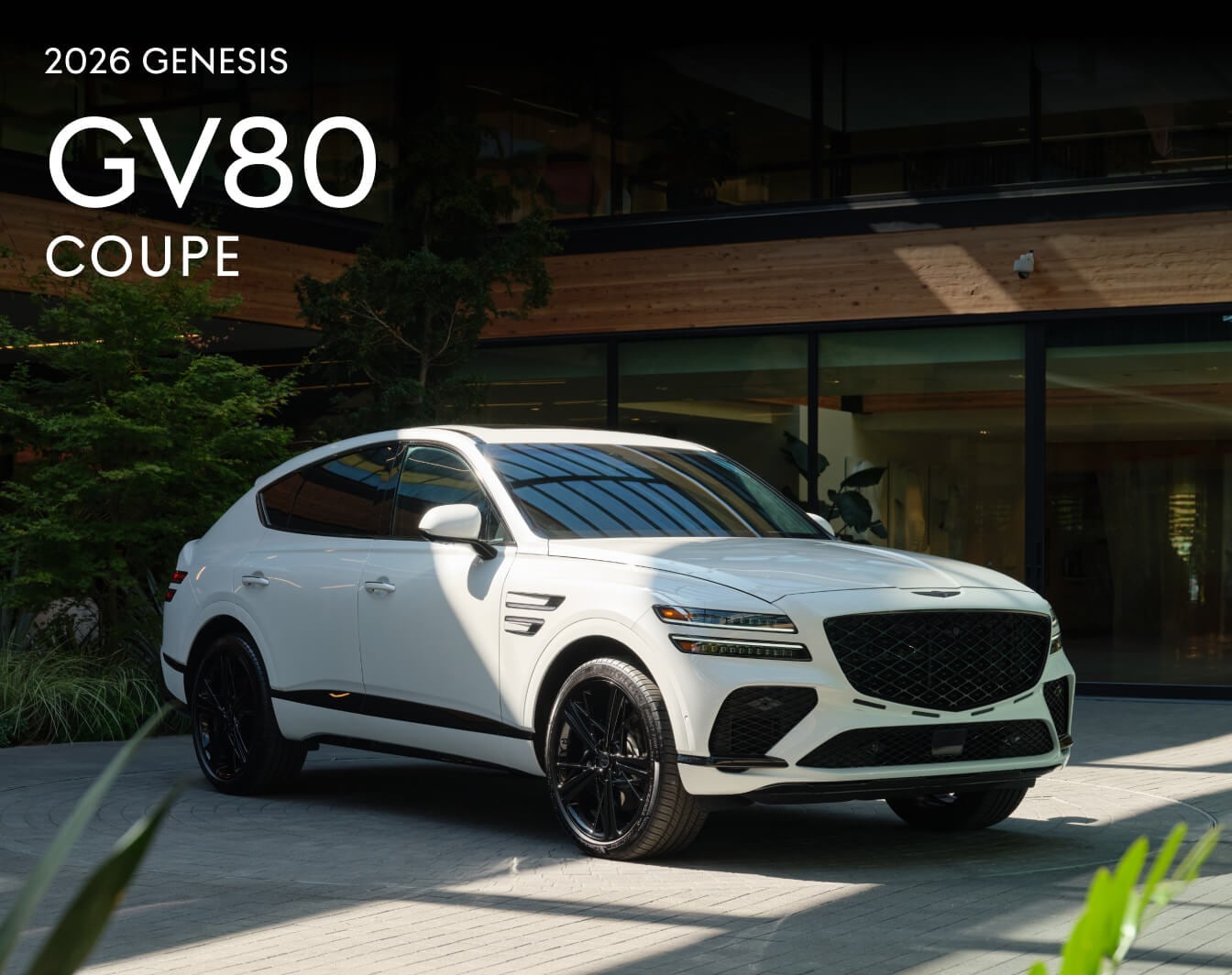 White 2026 Genesis GV80 Coupe parked by a modern building, shown with close-up views of its black interior.