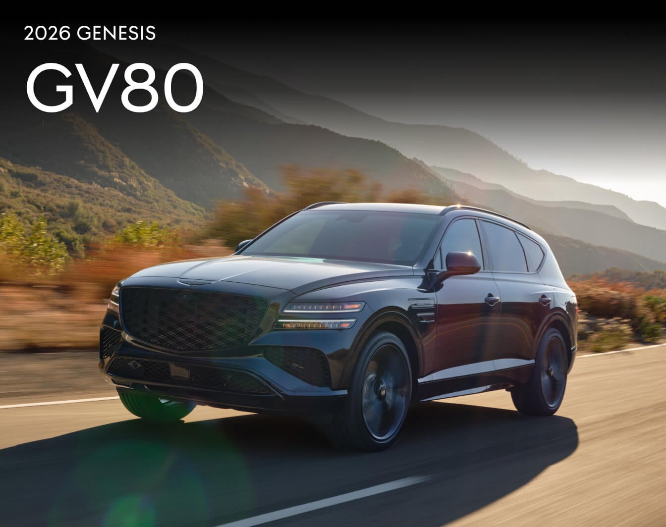 Black 2026 Genesis GV80 driving on a mountain highway, shown with a collage of its premium black interior.