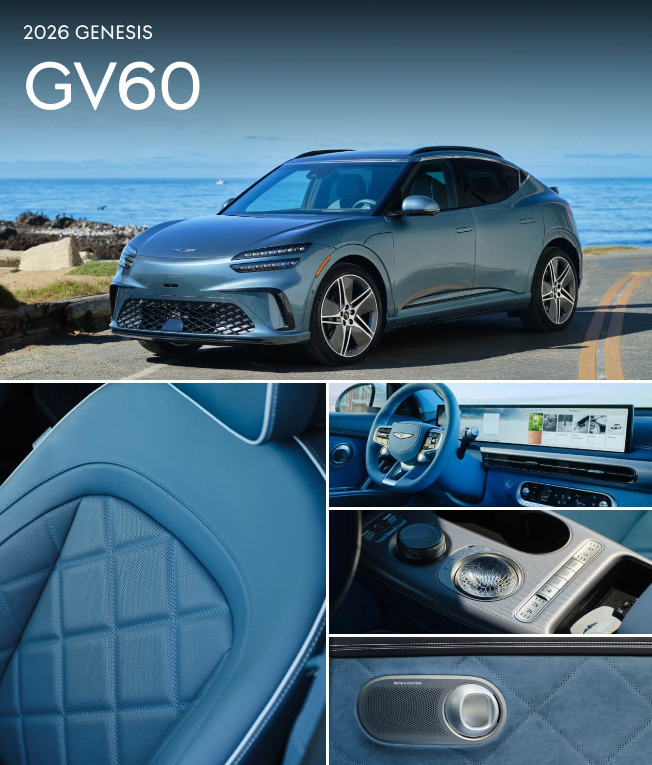 Collage of a blue 2026 Genesis GV60 by the ocean, paired with close-ups of its matching blue leather interior.