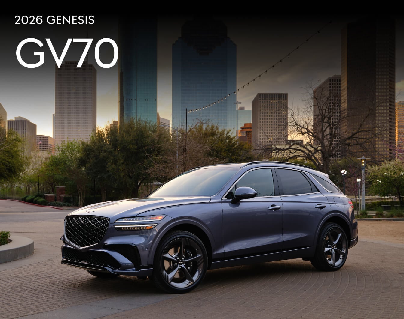 Grey 2026 Genesis GV70 with a city skyline backdrop, shown with close-ups of its dark blue and orange interior.