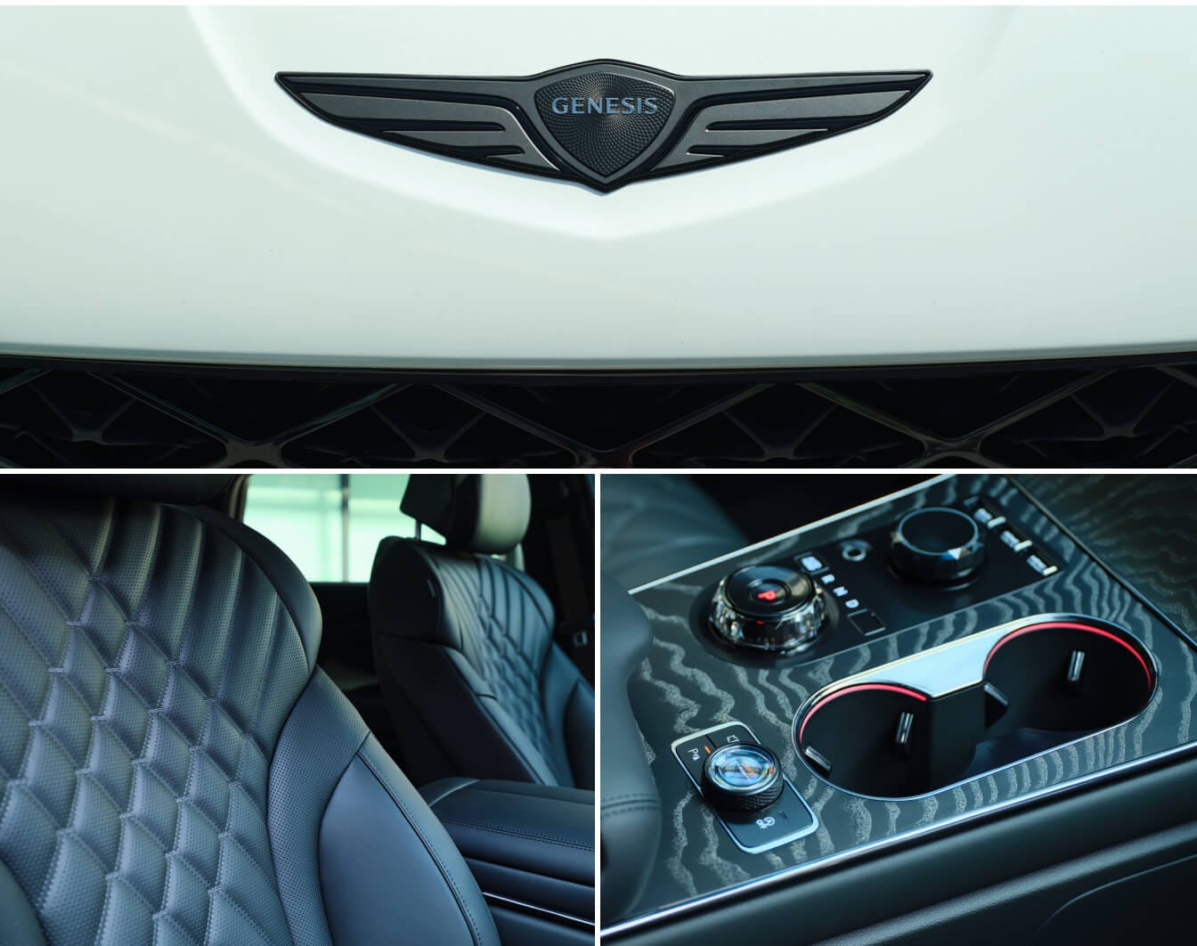 White 2026 Genesis GV80 Coupe parked by a modern building, shown with close-up views of its black interior.