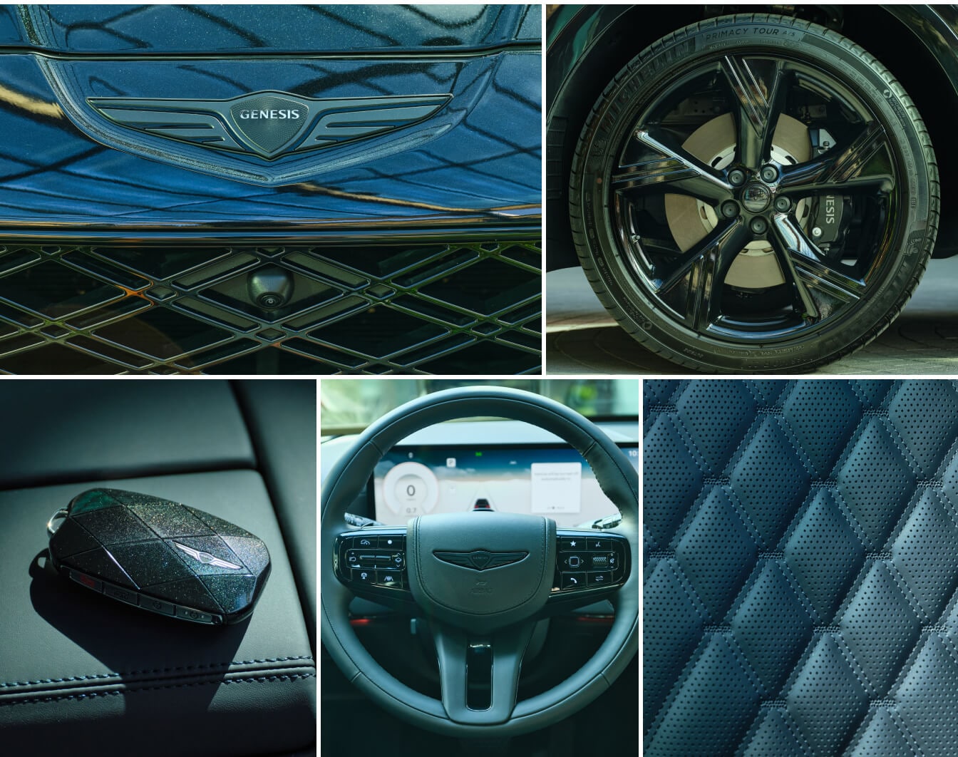 Black 2026 Genesis GV80 driving on a mountain highway, shown with a collage of its premium black interior.