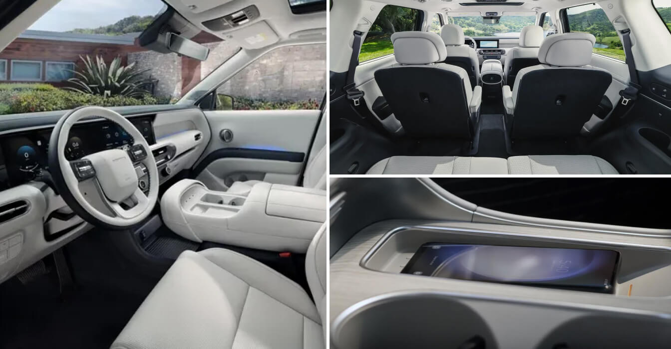 Three-panel interior view of a light grey Hyundai Palisade showing cabin and tech details.