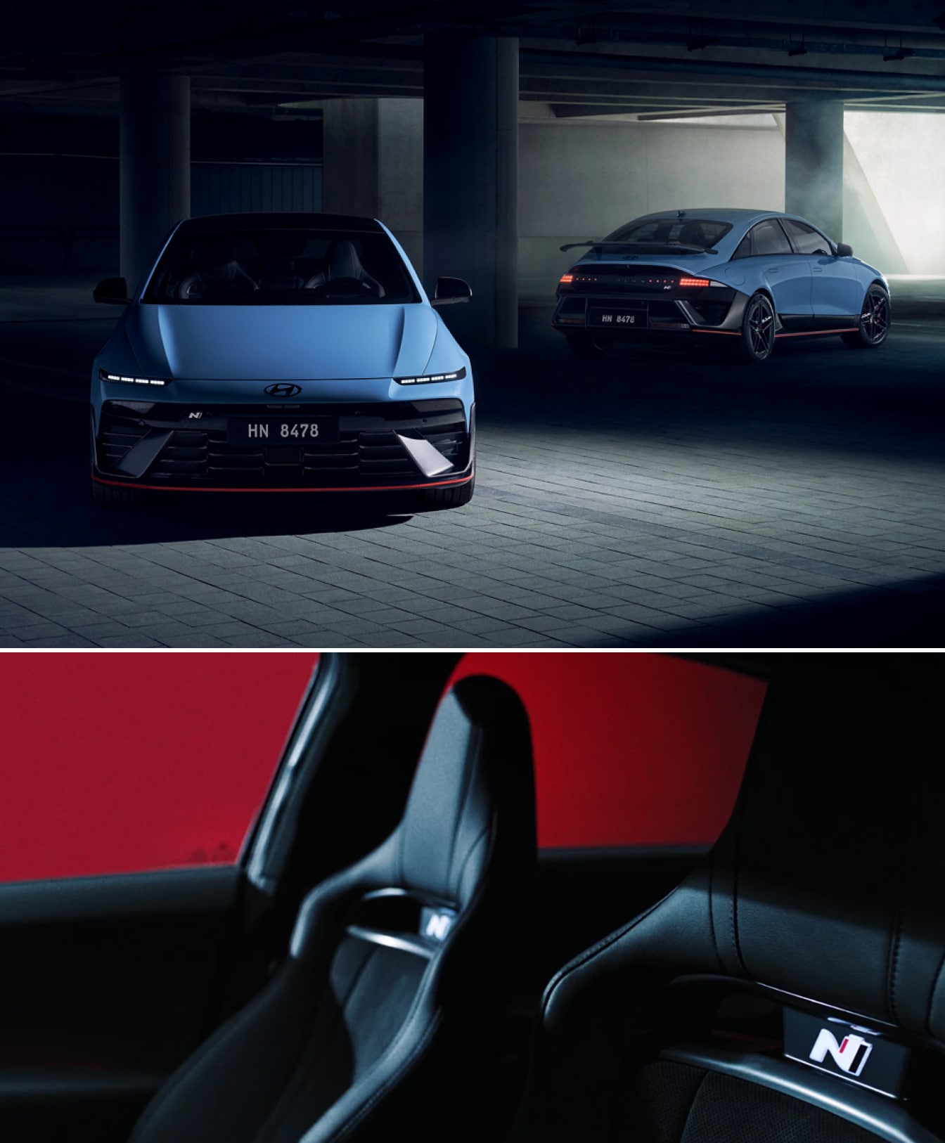 Two blue Hyundai IONIQ 6's parked facing forward and backward in a dark warehouse. A close-up shot of IONIQ 6 interior upholstery details.