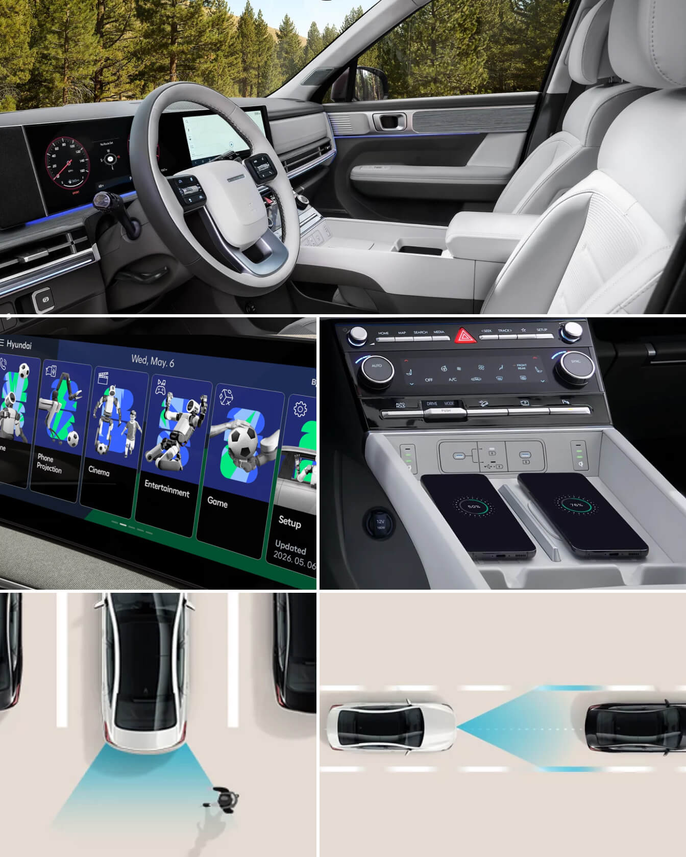Collage of detail shots showcasing 2027 Santa Fe interior technology features mixed with illustrations of Santa Fe safety features.