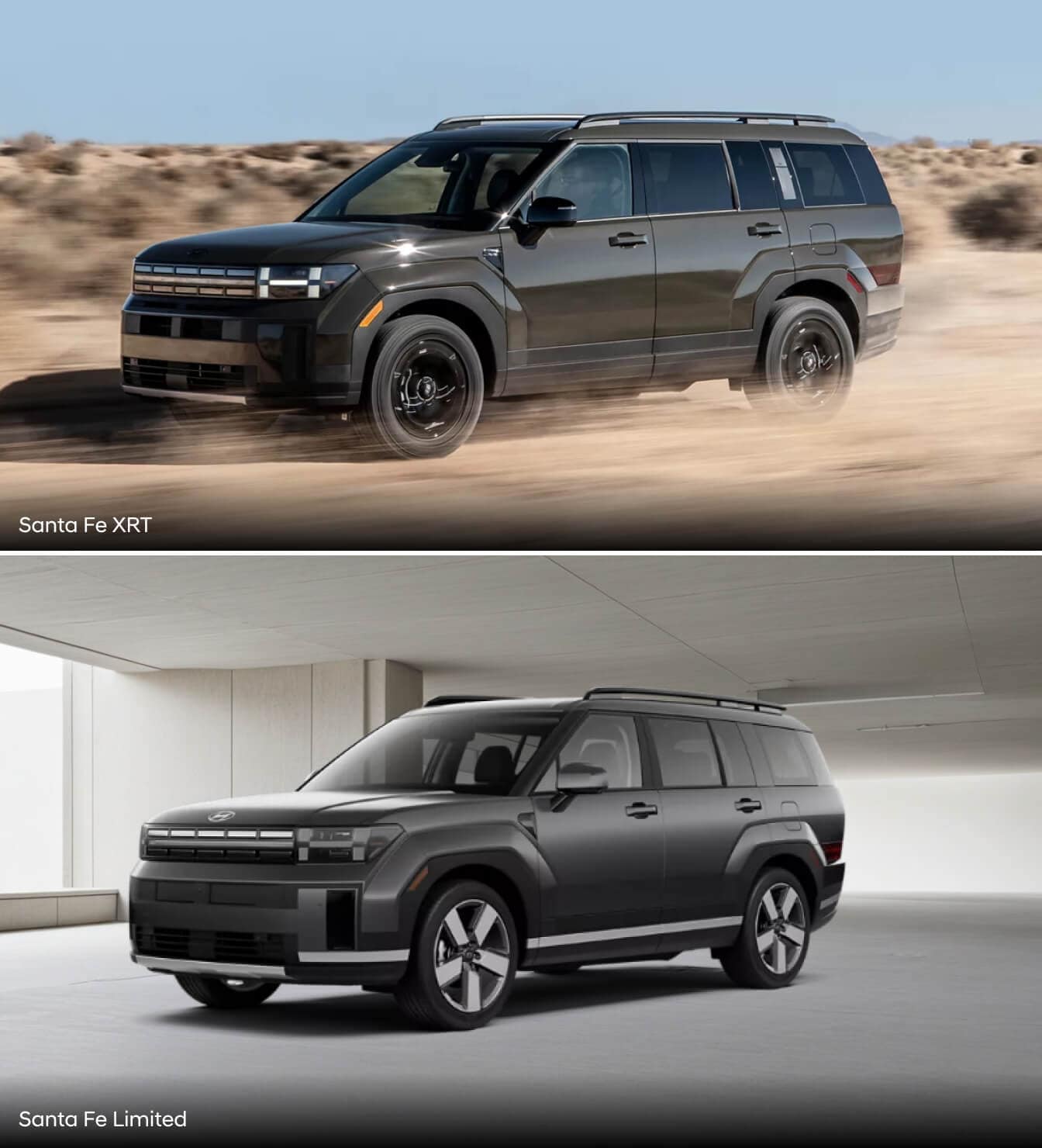 Exterior action shot of a green 2027 Santa Fe XRT driving on a dirt road. Front three-quarter view of a gray Limited in a bright parking structure