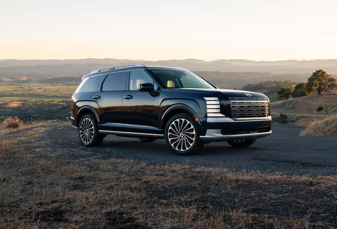 Front three-quarter view of a dark blue Hyundai Palisade Calligraphy on a hilltop road overlooking a valley.