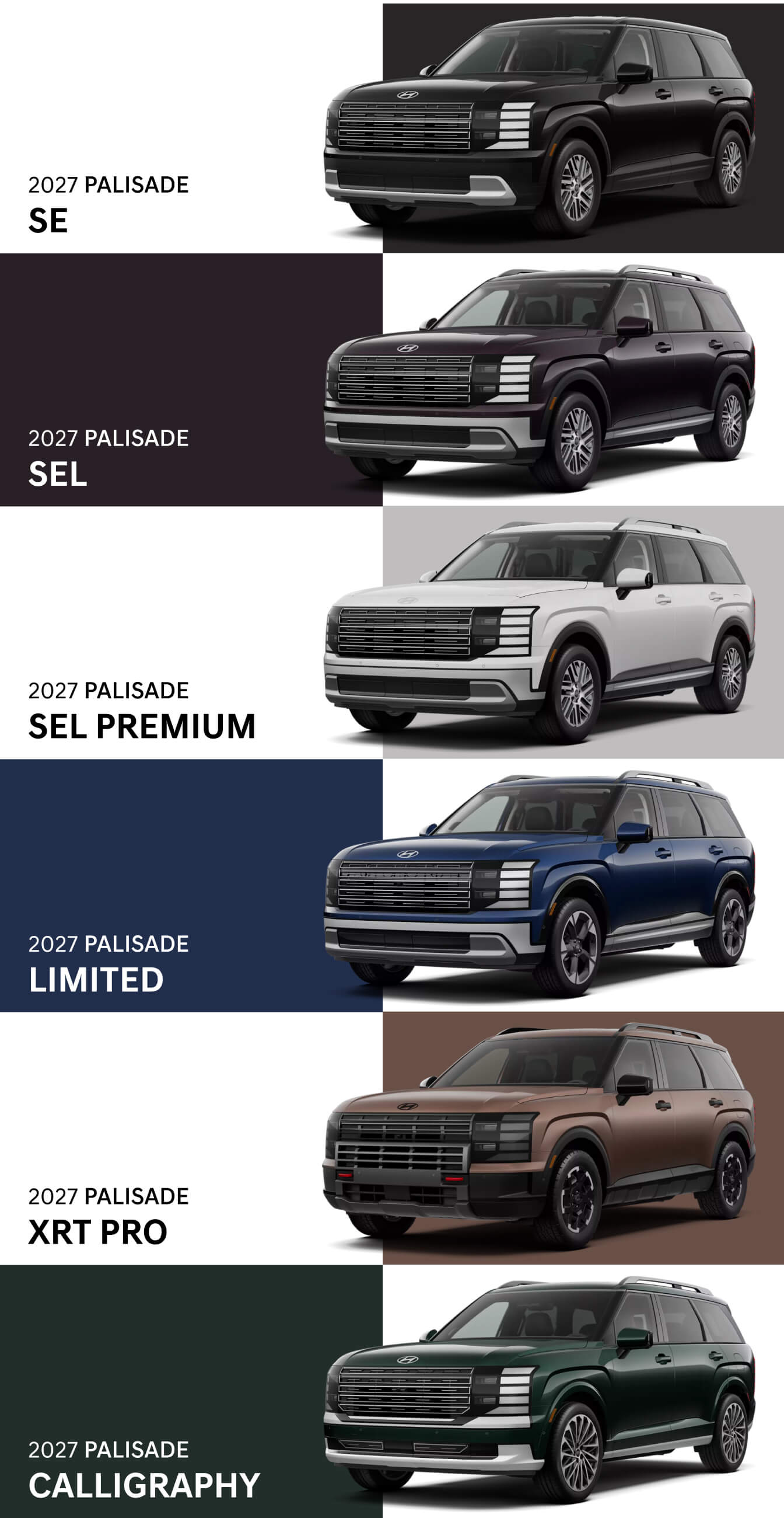 Split view of 2027 Hyundai Palisade trim levels in various colors on matching color background.