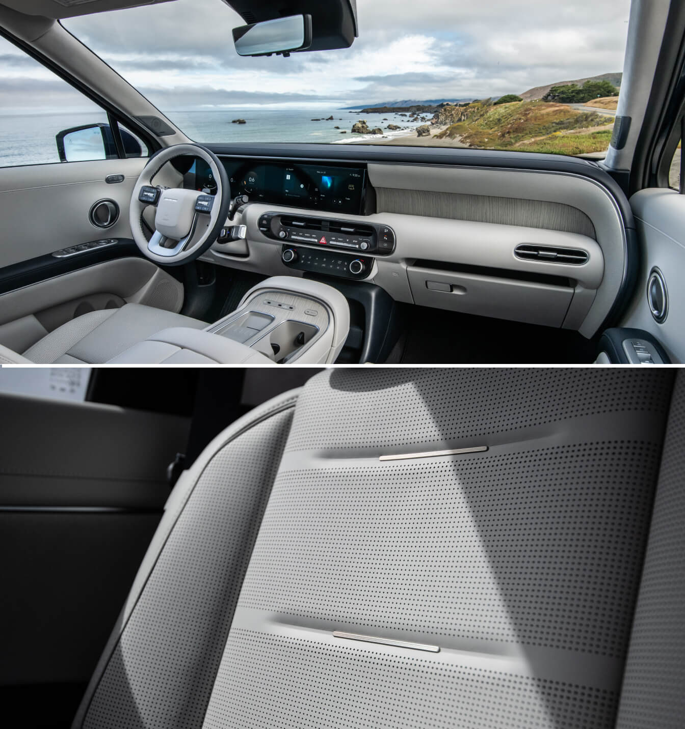 Two-panel interior view of a light grey Hyundai Palisade Calligraphy facing an ocean coast.