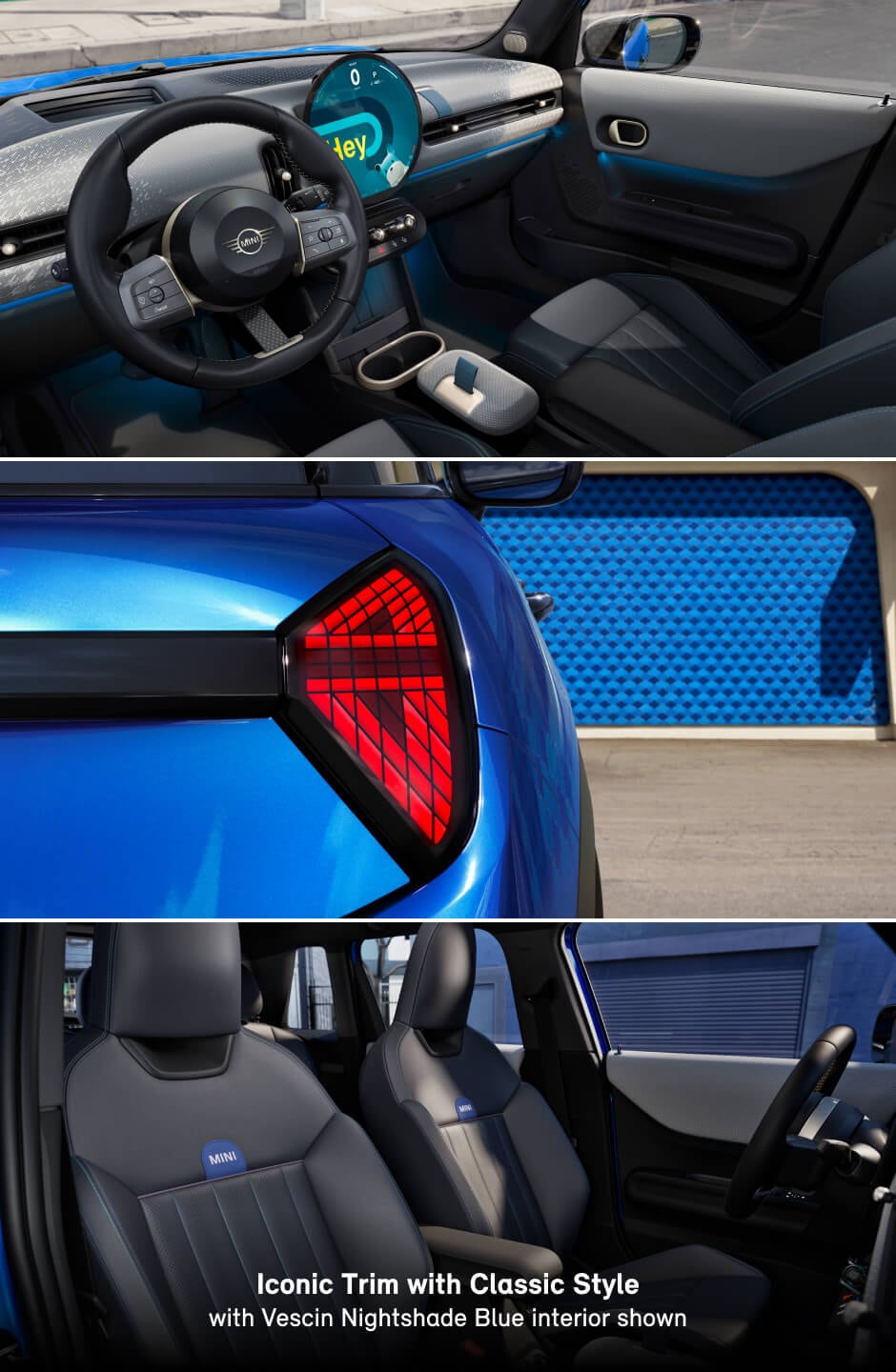 Top: 2026 MINI Cooper S Iconic Classic Style Nightshade Blue cabin. Middle: Blazing Blue taillight. Bottom: front seats.