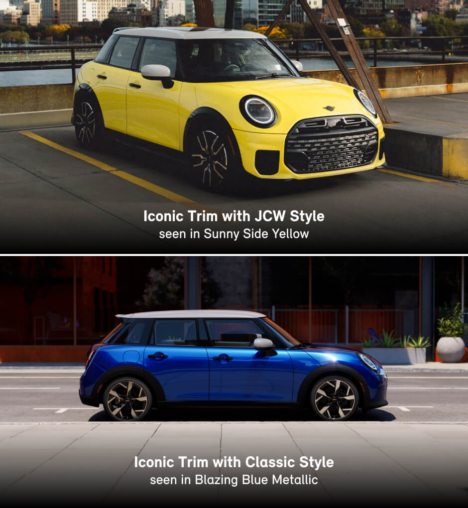 Top: 2026 MINI Cooper S Iconic JCW Style in Sunny Side Yellow, front three-quarter view. Bottom: Iconic Classic Style in Blazing Blue Metallic, side view.