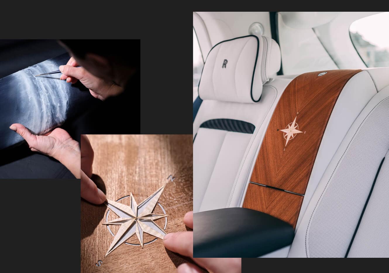 Interior view of a 2027 Rolls-Royce Cullinan Series II with white leather with custom wood veneer compass rose inlay, alongside inset images of crafting.
