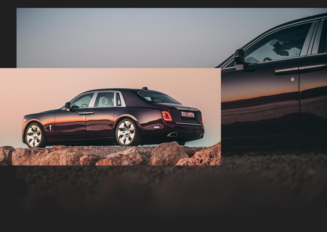 A composite view featuring a full rear three-quarter profile of a 2027 Rolls-Royce Phantom Series II in deep Belladonna Purple parked.